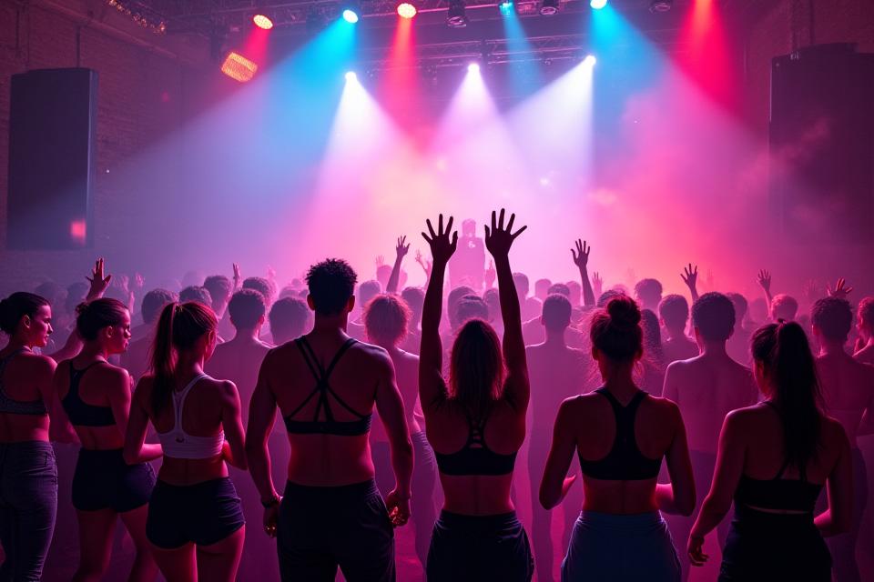 Music-driven fitness party with DJ and dancers